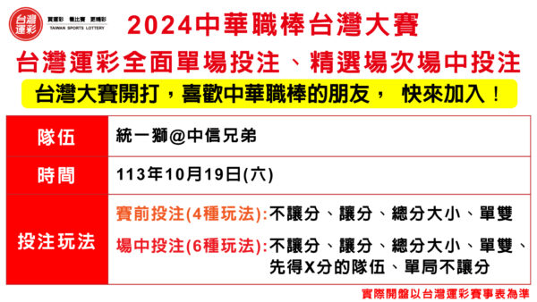 2024 台灣大賽 台灣運彩全面單場投注、精選場次場中投注